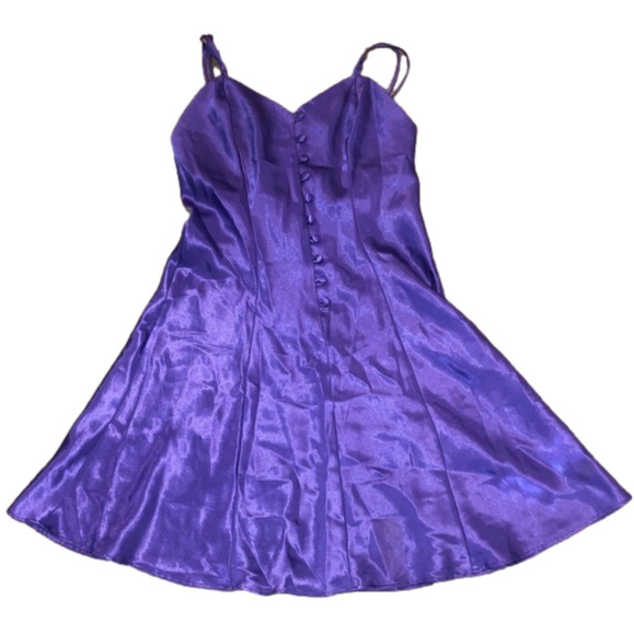 2/$30 Vtg Baby Doll A Line Purple Satin Night Gown Slip w Button Front - Picture 1 of 7